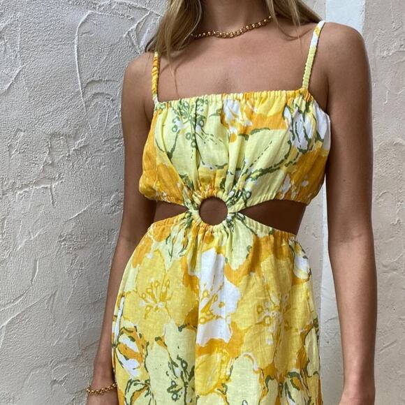 Faithfull The Brand El Rio Linen Cut Out Midi Maxi Dress Loretta Floral Yellow - Picture 3 of 10
